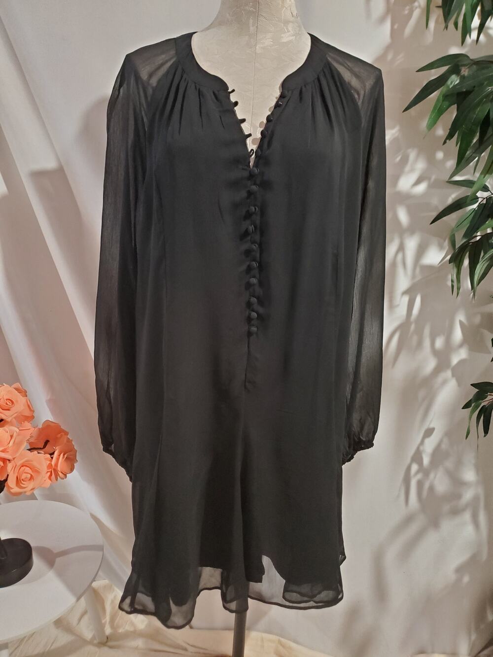 Joie Chiffon Balloon Sleeve Sheer Overlay Popover Button Dress Size XXL Black
